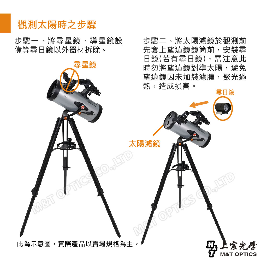 觀測太陽時之步驟步驟一、將尋星鏡、導星鏡設備等尋日鏡以外器材拆除。尋星鏡步驟二、將太陽濾鏡於觀測前先套上望遠鏡鏡筒前安裝尋日鏡(若有尋日鏡)需注意此時勿將望遠鏡對準太陽,避免望遠鏡因未加裝濾膜,聚光過熱,造成損害。太陽濾鏡 ,LTD此為示意圖,實際產品以賣場規格為主。尋日鏡光學M&T OPTICS
