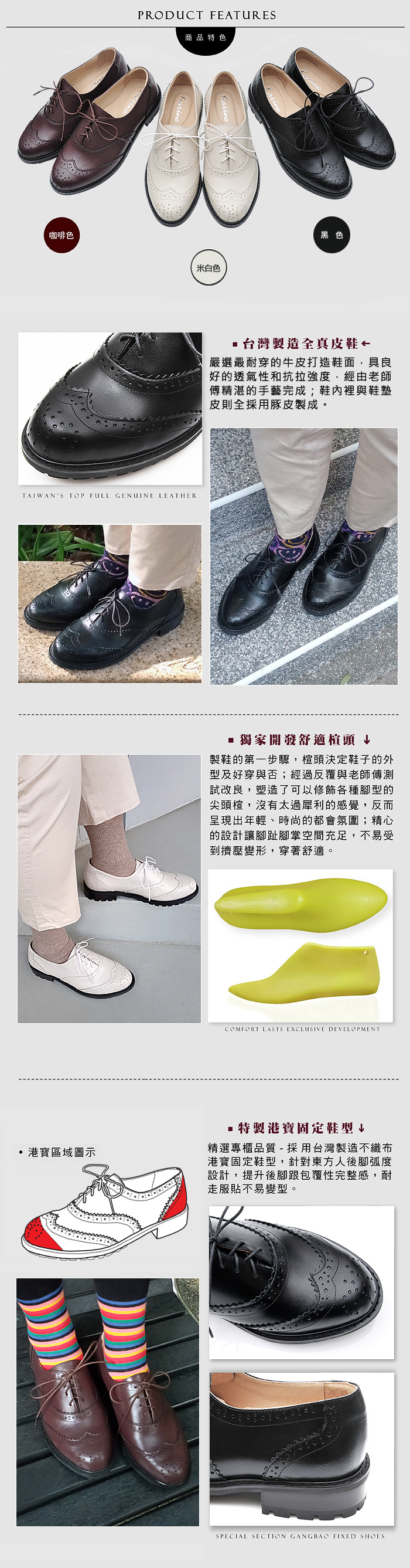 PRODUCT FEATURES商品特色3咖啡色米白色黑色 台灣製造全真皮鞋嚴選最耐穿的牛皮打造鞋面,具良好的透氣性和抗拉強度,經由老師傅精湛的手藝完成;鞋內裡與鞋墊皮則全採用豚皮製成。TAIWANS TOP FULL GENUINE LEATHER港區域圖示 獨家開發舒適楦頭 ↓製鞋的第一步驟,楦頭決定鞋子的外型及好穿與否;經過反覆與老師傅測試改良,塑造了可以修飾各種腳型的尖頭楦,沒有太過犀利的感覺,反而呈現出年輕、時尚的都會氛圍;精心的設計讓腳趾腳掌空間充足,不易受到擠壓變形,穿著舒適。་་COMFORT LASTS EXCLUSIVE DEVELOPMENT 特製港固定鞋型↓精選專櫃品質 -採用台灣製造不織布港寶固定鞋型,針對東方人後腳弧度設計,提升後腳跟包覆性完整感,耐走服貼不易變型。SPECIAL SECTION GANGBAO FIXED SHOES