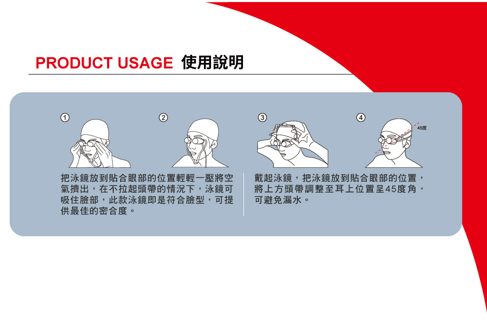 PRODUCT USAGE 使用說明45度把泳鏡放到貼合眼部的位置輕輕一壓將空氣擠出,在不拉起頭帶的情況下,泳鏡可吸住臉部,此款泳鏡即是符合臉型,可提供最佳的密合度。戴起泳鏡,把泳鏡放到貼合眼部的位置,將上方頭帶調整至耳上位置呈45度角,可避免漏水。