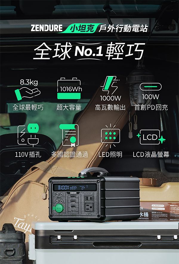 .3kgZENDURE 戶外行動電站全球No.1輕巧1W10W全球最輕巧 超大容量高瓦數輸出首創PD回充8LCD.110V 插孔 多國認證通過LED照明LCD液晶螢幕D000 0EN水桶