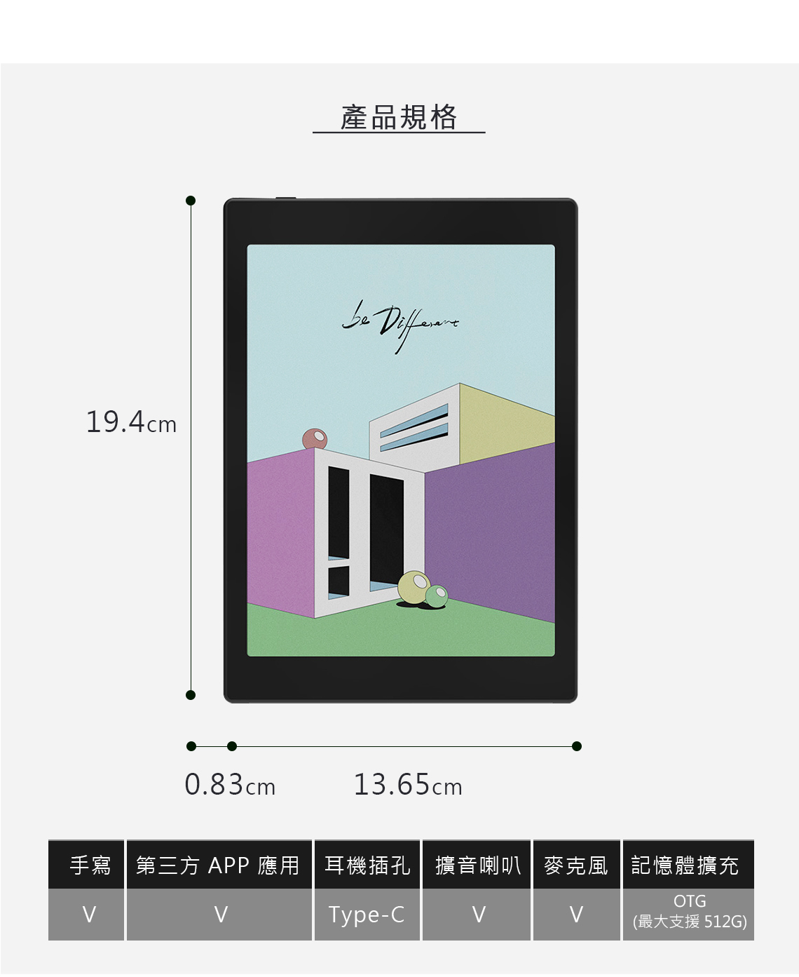 產品規格19.4 cm 0.83cm13.65cm手寫第三方 APP 應用  耳機插孔擴音喇叭麥克風 記憶體擴充OTGType-C(最大支援 512G)