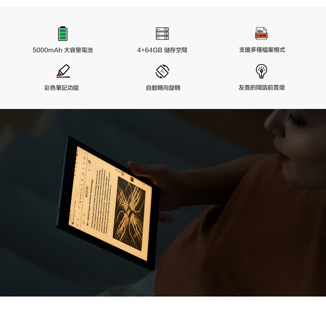 E-BOOK5000mAh 大容量電池4+64GB 儲存空間支援多種檔案格式彩色筆記功能自動轉向旋轉友善的閱讀前置燈