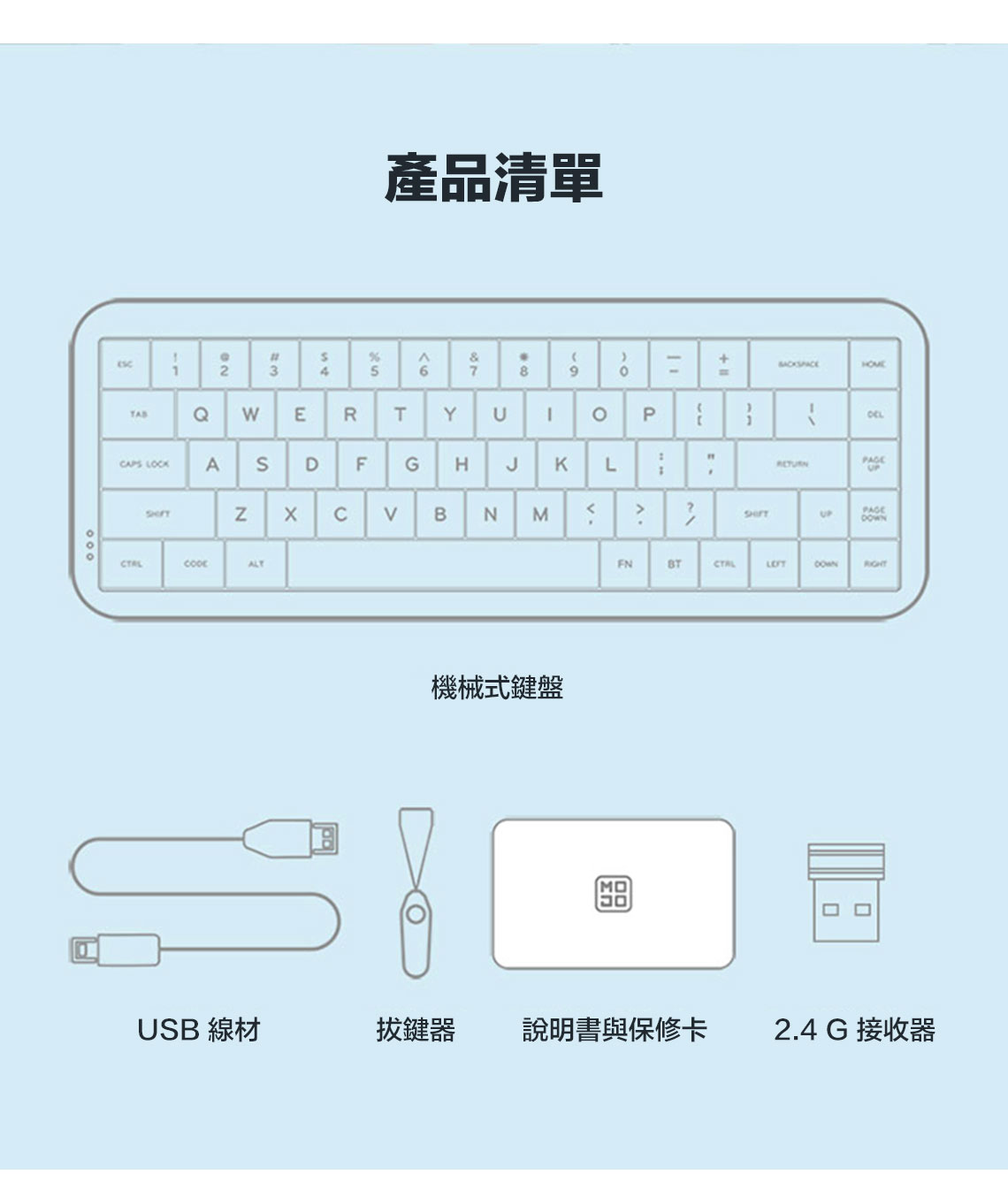 M QCAPS LCKA2NS產品清單R TYF G HJKB NMEDCALTOLP機械式鍵盤FNHOMEPAGEDOWNUSB 線材拔鍵器 說明書與保修卡2.4 G 接收器