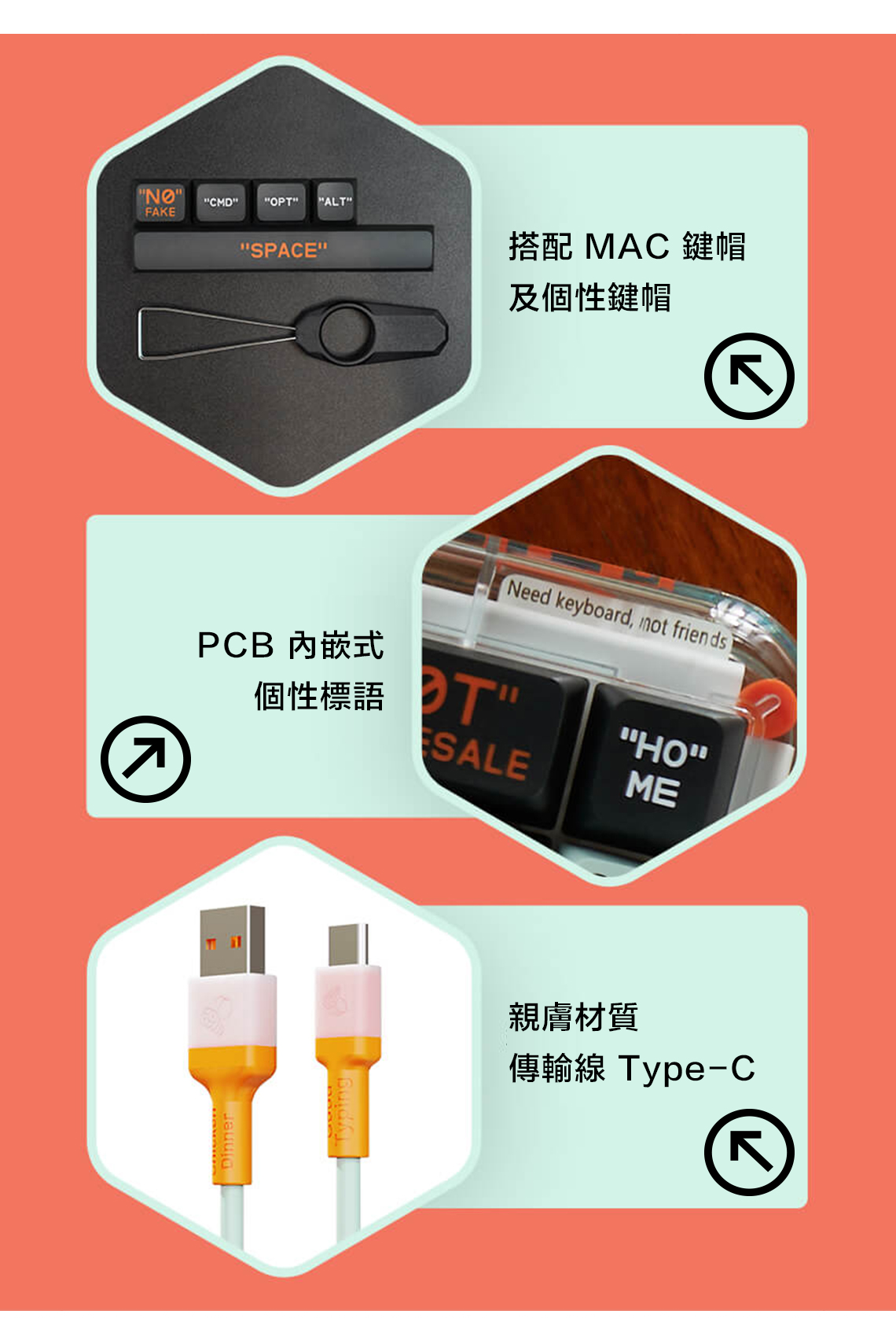 CMD"FAKE"OPT" "ALT""SPACE"搭配 MAC鍵帽及個性鍵帽PCB 內嵌式Need keyboard, friends個性標語SALE""ME親膚材質傳輸線 Type-C