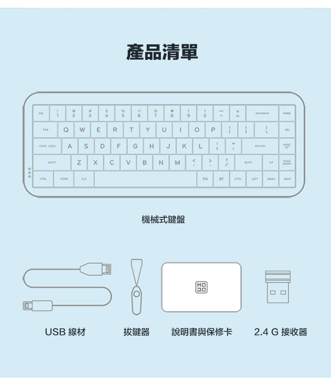 2產品清單%19YG HJ KLQ  E R TCAPS LOCKASDFNALTCB N M-P  機械式鍵盤HOME"PAGEFNMODOWNUSB 線材拔鍵器 說明書與保修卡2.4 G 接收器