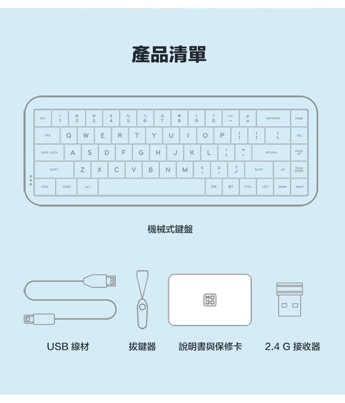2產品清單%19YG HJ KLQ E R TCAPS LOCKASDFNALTCB N M-P 機械式鍵盤HOME"PAGEFNMODOWNUSB 線材拔鍵器 說明書與保修卡2.4 G 接收器