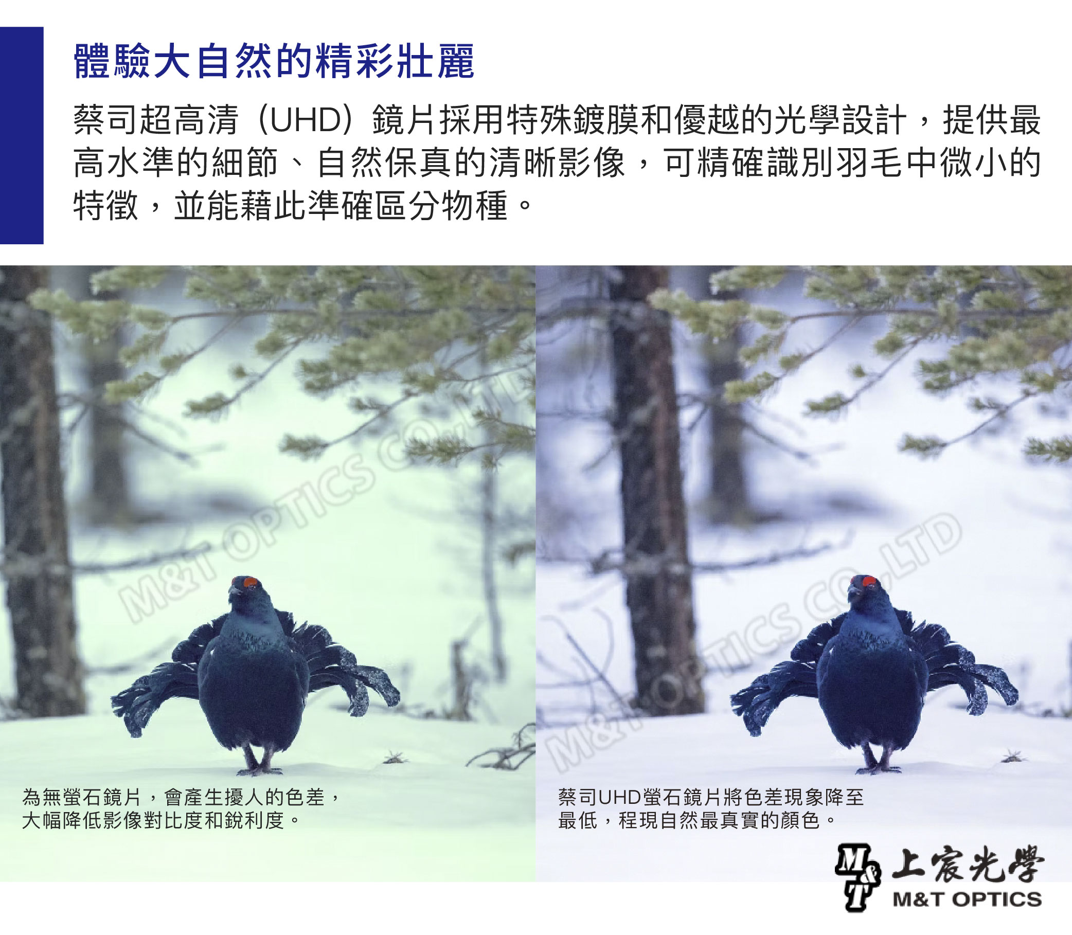 體驗大自然的精彩壯麗蔡司超高清(UHD)鏡片採用特殊鍍膜和優越的光學設計,提供最高水準的細節、自然保真的清晰影像,可精確識別羽毛中微小的特徵,並能藉此準確區分物種。 M&OPTICS LTD為無螢石鏡片,會產生擾人的色差,大幅降低影像對比度和銳利度。蔡司UHD螢石鏡片將色差現象降至最低,程現自然最真實的顏色。上宸光學M&T OPTICS