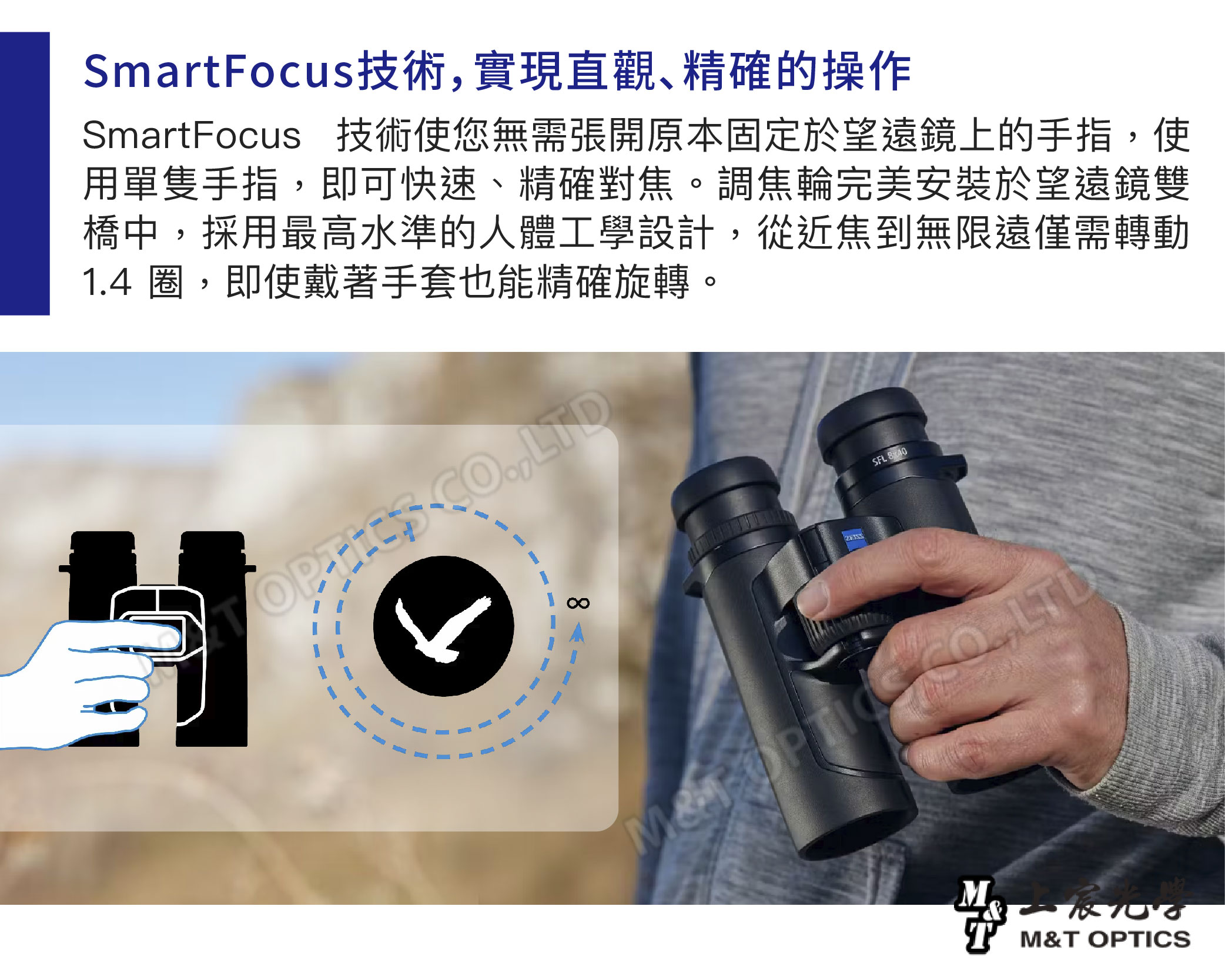 SmartFocus技術實現直觀、精確的操作SmartFocus 技術使您無需張開原本固定於望遠鏡上的手指使用單隻手指,即可快速、精確對焦。調焦輪完美安裝於望遠鏡雙橋中,採用最高水準的人體工學設計,從近焦到無限遠僅需轉動14 圈,即使戴著手套也能精確旋轉。 ,SFL 8 .,LTDM&T OPTICS