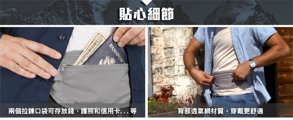 貼心細節PASSPORT TRAVELON兩個拉鍊口袋可存放錢、護照和信用卡... 背部透氣網材質,穿戴更舒適