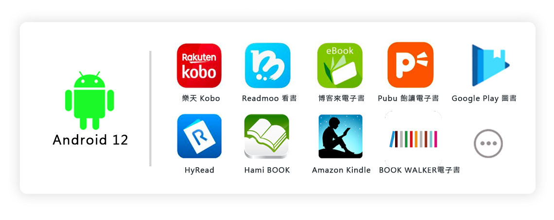 RakutenkoboBeBook樂天 KoboReadmoo博客來電子書Pubu飽讀電子書Google PlayAndroid 12RHyReadHami BOOKAmazon Kindle BOOK WALKER