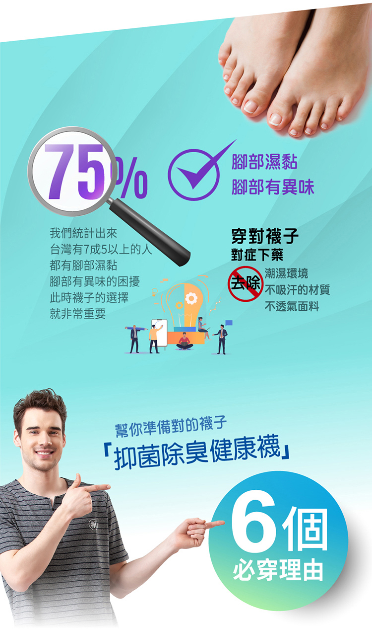 75%我們統計出來腳部濕黏腳部有異味穿對襪子台灣有7成5以上的人對症下藥都有腳部濕黏潮濕環境腳部有異味的困擾去除此時襪子的選擇就非常重要不吸汗的材質不透氣面料幫你準備對的襪子抑菌除臭健康襪6個必穿理由