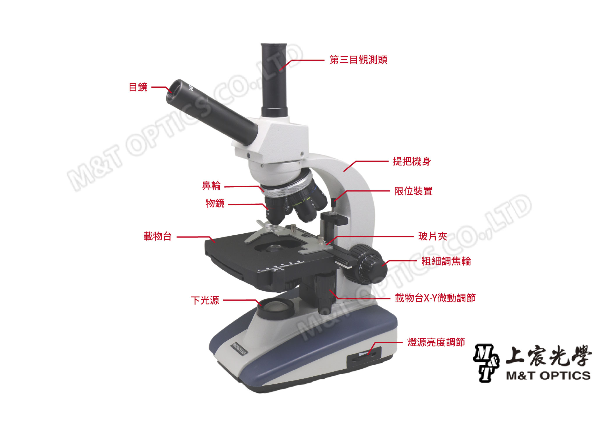 目鏡M& S 載物台鼻輪物鏡下光源MICROTECH第三目觀測頭提把機身限位裝置 OPTIC LTD玻片夾粗細調焦輪載物台X-Y微動調節燈源亮度調節光學T M&T OPTICS