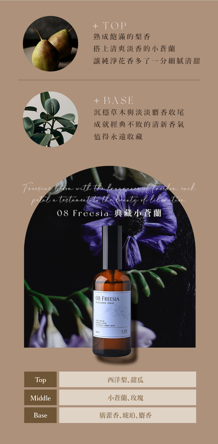 + TOP熟成飽滿的梨香搭上清爽淡香的小蒼蘭讓純淨花香多了一分細膩清甜+ BASE沉穩草木與淡淡麝香收尾成就經典不敗的清新香氣值得永遠收藏 with the testament to the beauty of 08 Freesia 典藏小蒼蘭08 FREESIA LBCTop西洋梨甜瓜Middle小蒼蘭玫瑰Base廣藿香、、麝香