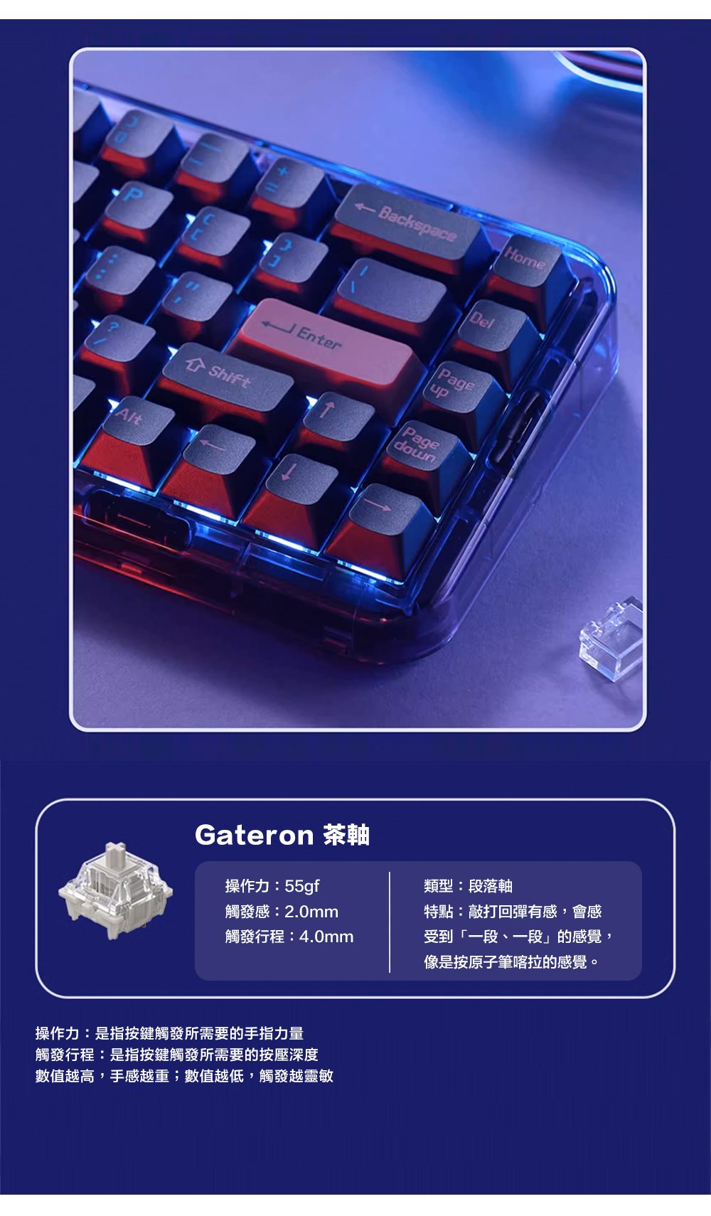 AltBackspaceHomeDelPage EnterupShiftPagedownGateron 茶軸操作力:55gf觸發感:2.0mm觸發行程:4.0mm操作力:是指按鍵觸發所需要的手指力量觸發行程:是指按鍵觸發所需要的按壓深度數值越高,手感越重;數值越低,觸發越靈敏類型:段落軸特點:敲打回彈有感,會感受到「一段、一段」的感覺,像是按原子筆喀拉的感覺。
