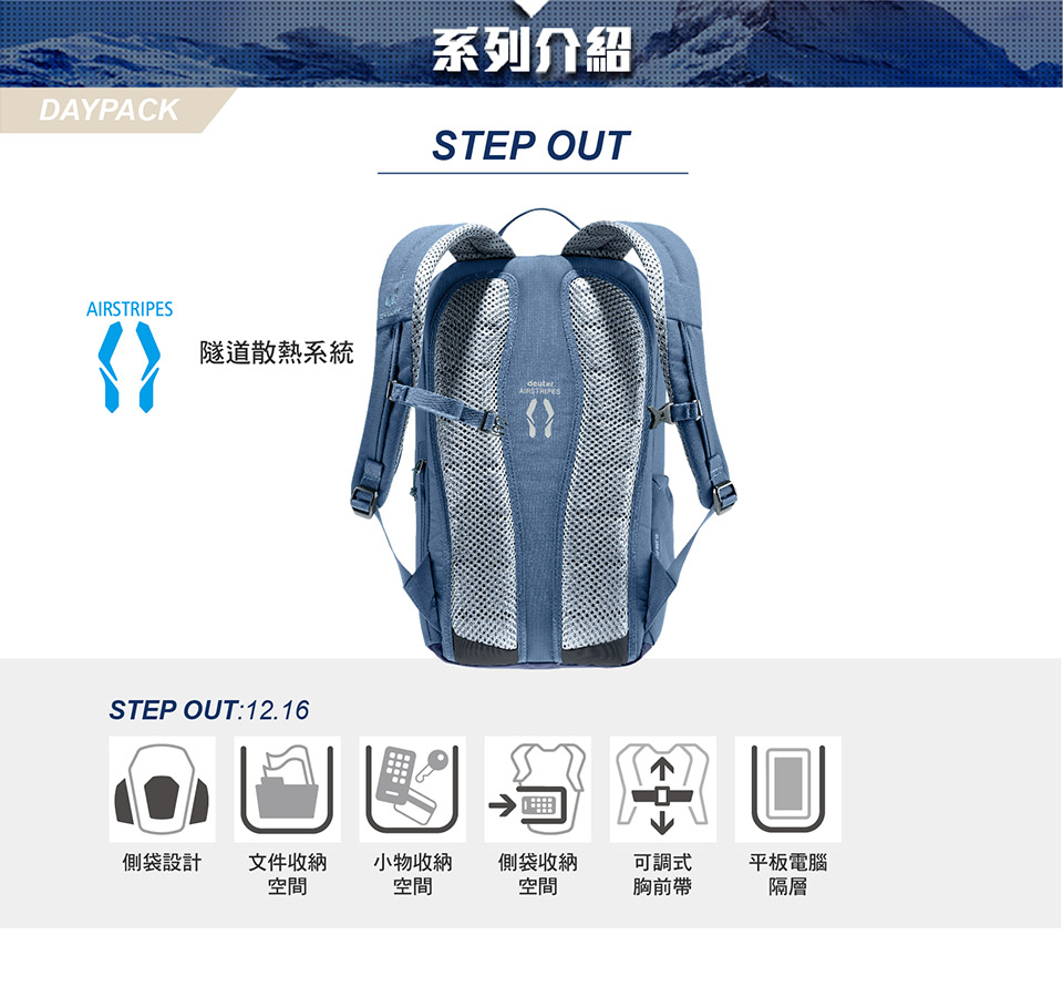 DAYPACK系列介紹STEP OUT隧道散熱系統STEP OUT:12.16AIRSTRIPES側袋設計文件收納小物收納側袋收納可調式平板電腦空間空間空間胸前帶隔層