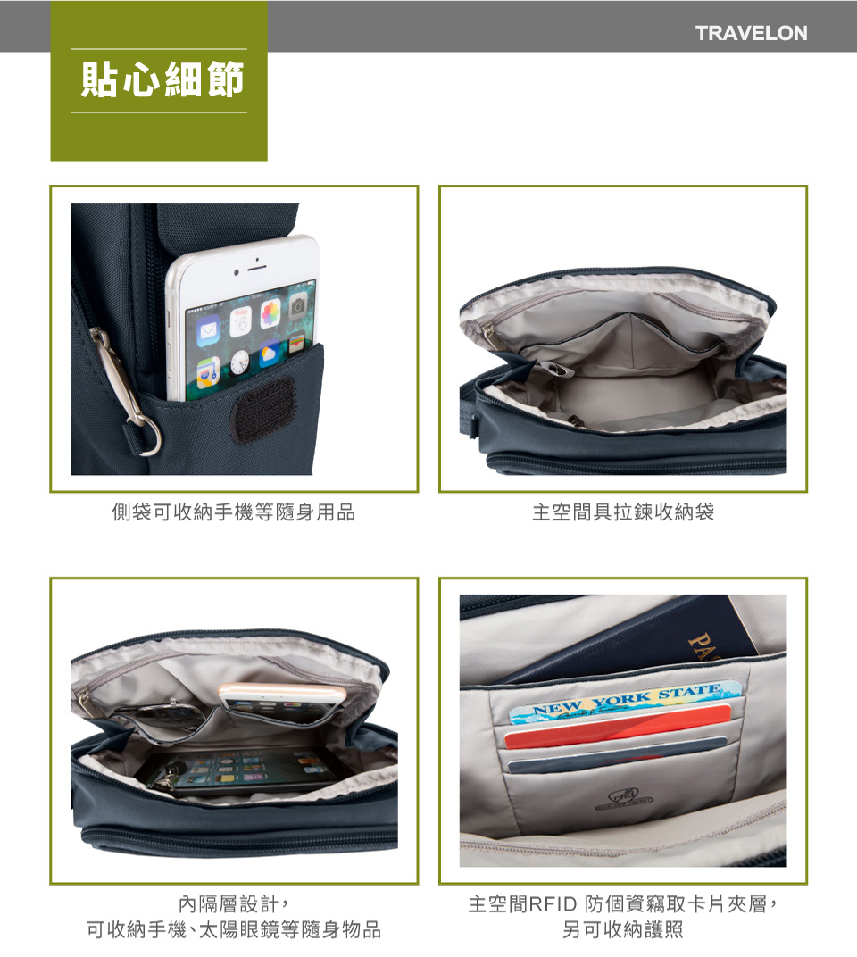 TRAVELON貼心細節側袋可收納手機等隨身用品主空間具拉鍊收納袋內隔層設計,可收納手機、太陽眼鏡等隨身物品NEWYORK STATE主空間RFID 防個資竊取卡片夾層,另可收納護照
