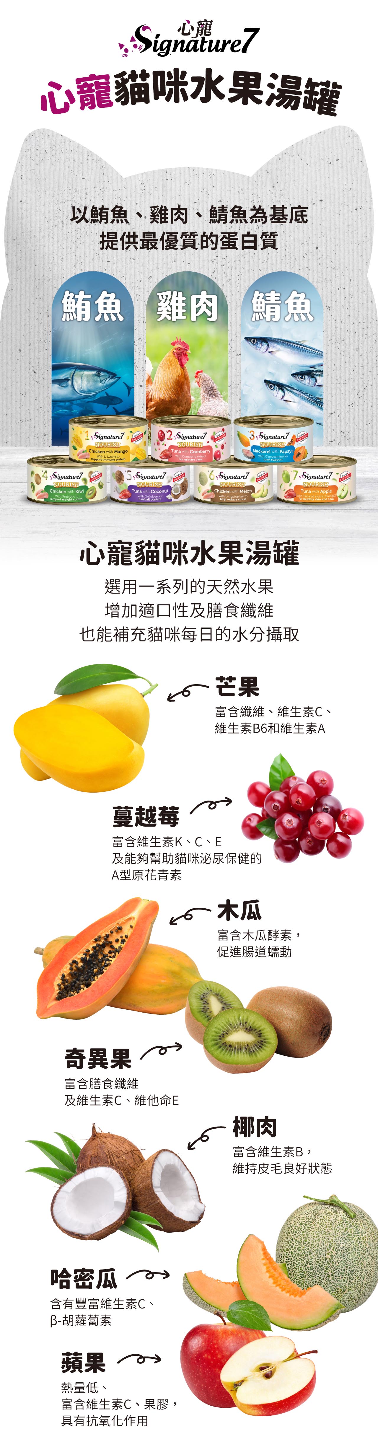 ignature7心寵貓咪水果湯罐以鮪魚、雞肉、鯖魚為基底提供最優質的蛋白質鮪魚 雞肉 鯖魚NOURISHChicken with Mango -Lysine tosupport immune system2Signature7NOURISH with CranberryWith Cranberry extractfor urinary SNOURISHMackerel with PapayaWith Glucosamine forjoint supportNOURISHChicken with KiwiWith Prebiotic tosupport weight controlNOURISHTuna with CoconutWith Gellulose forhairball controlNOURISHChicken with MelonWith L-tryptophan tohelp reduce stress Signature7NOURISHTuna with AppleWith Tuna rich in for healthy skin and coat心寵貓咪水果湯罐選用一系列的天然水果增加適口性及膳食纖維也能補充貓咪每日的水分攝取芒果富含纖維、維生素C、維生素B6和維生素A蔓越莓富含維生素K、C、E及能夠幫助貓咪泌尿保健的A型原花青素木瓜富含木瓜酵素,奇異果富含膳食纖維及維生素C、維他命E哈密瓜含有豐富維生素C、胡蘿蔔素蘋果 熱量低、富含維生素C、果膠,具有抗氧化作用促進腸道蠕動椰肉富含維生素B,維持皮毛良好狀態