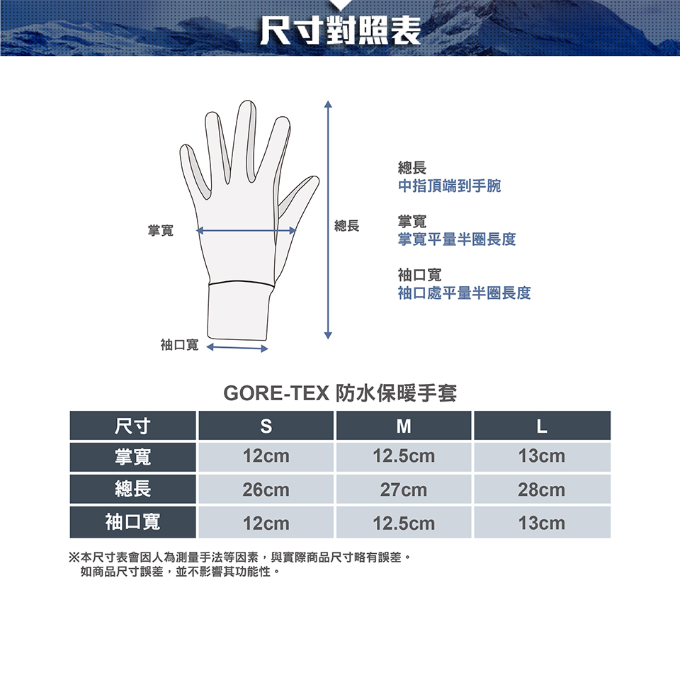 尺寸對照表總長中指頂端到手腕掌寬平量半圈長度掌寬總長掌寬袖口寬袖口寬袖口處平量半圈長度GORE-TEX 防水保暖手套尺寸ML掌寬12cm12.5cm13cm總長26cm27cm28cm袖口寬12cm12.5cm13cm※本尺寸表會因人為測量手法等因素,與實際商品尺寸略有誤差。如商品尺寸誤差,並不影響其功能性。
