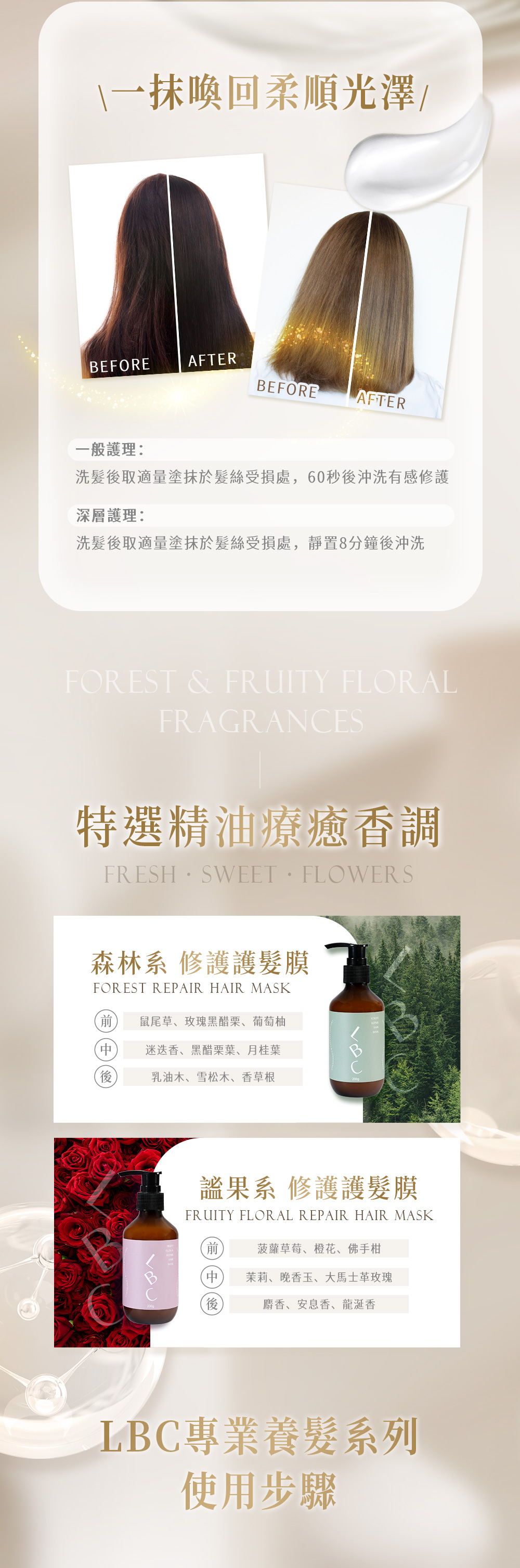 喚回柔順光澤BEFOREAFTERBEFOREAFTER一般護理:洗髮後取適量塗抹於髮絲受損處,60秒後沖洗有感修護深層護理:洗髮後取適量塗抹於髮絲受損處,靜置8分鐘後沖洗FOREST & FRUITY FLORALFRAGRANCES特選精油療癒香調FRESH SWEET FLOWERS森林系 修護護髮膜FOREST REPAIR HAIR MASK 鼠尾草、玫瑰黑醋栗、葡萄柚迷迭香、黑醋栗葉、月桂葉後乳油木、雪松木、香草根果系 修護護髮膜FRUITY FLORAL REPAIR HAIR MASK菠蘿草莓、橙花、佛手柑 茉莉、晚香玉、大馬士革玫瑰後麝香、安息香、龍涎香LBC專業養髮系列使用步驟