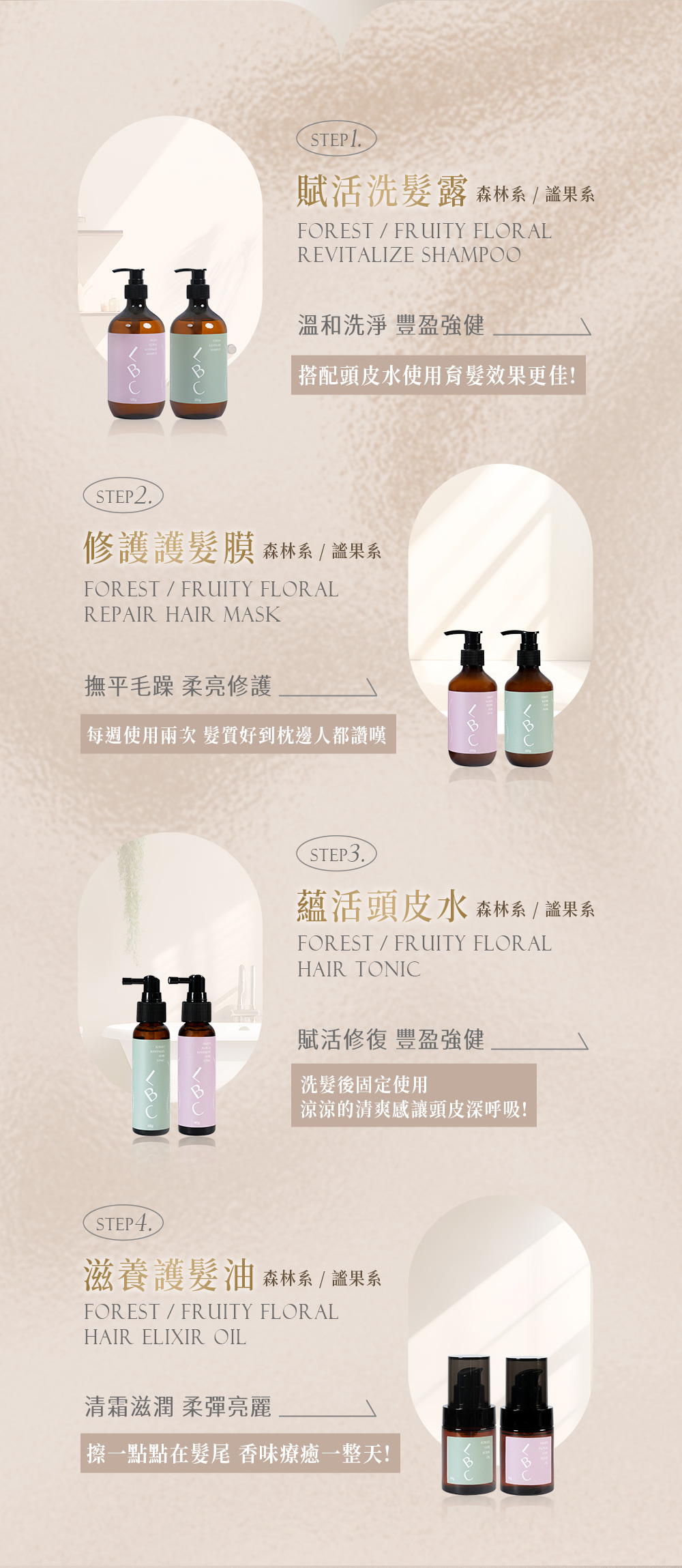 STEP1.賦活洗髮露 森林系 果系FORESTFRUITY FLORALREVITALIZE SHAMPOO溫和洗淨 豐盈強健 搭配頭皮水使用育髮效果更佳!STEP2.修護護髮膜 森林系 謐果系FORESTFRUITY FLORALREPAIR HAIR MASK撫平毛躁 柔亮修護每週使用 髮質好到枕邊人都讚嘆11STEP3..蘊活頭皮水 森林系 / 謐果系FOREST/FRUITY FLORALHAIR TONIC賦活修復 豐盈強健洗髮後固定使用涼涼的清爽感讓頭皮深呼吸!STEP4.滋養護髮油 森林系 / 謐果系FOREST/FRUITY FLORALHAIR ELIXIR OIL清霜滋潤 柔彈亮麗一點點在髮尾 香味療癒一整天!B