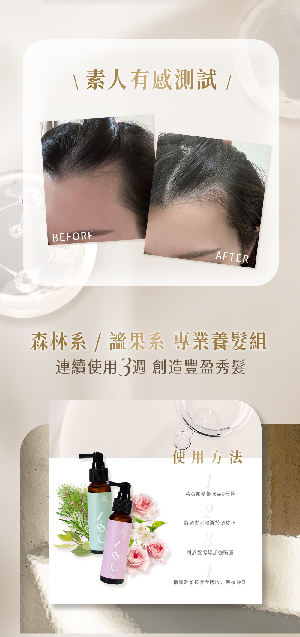 \素人有感BEFOREAFTER森林 果系 專業養髮組連續使用3週 創造豐盈秀髮使用方法清潔頭髮後吹至8分乾將頭皮水噴灑於頭皮上可於髮際線加強噴灑指腹輕柔按摩至吸收,無須沖洗