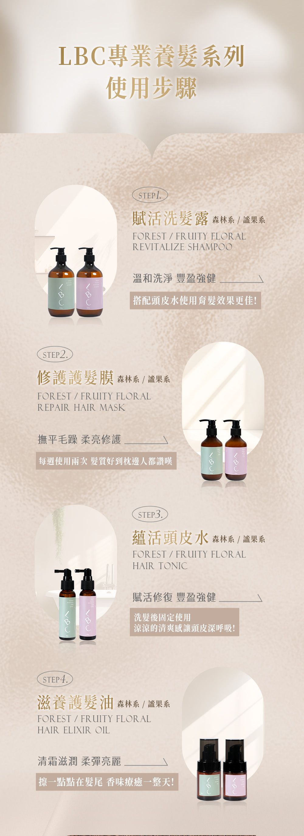 LC專業養髮系列使用步驟11STEP1賦活洗髮露 森林系系FORESTFRUITY FLORALREVITALIZE SHAMPOO溫和洗淨 豐盈強健|搭配頭皮水使用育髮效果更佳!STEP2.修護護髮膜 森林系 果系FORESTFRUITY FLORALREPAIR HAIR MASK撫平毛躁 柔亮修護每週使用 髮質好到枕邊人都讚嘆11STEP3.蘊活頭皮水森林系 果系FORESTFRUITY FLORALHAIR TONIC賦活修復 豐盈強健洗髮後固定使用涼涼的清爽感讓頭皮深呼吸!STEP4.滋養護髮油 森林系 果系FOREST/FRUITY FLORALHAIR ELIXIR OIL清霜滋潤 柔彈亮麗擦一點點在髮尾 香味療癒一整天!B
