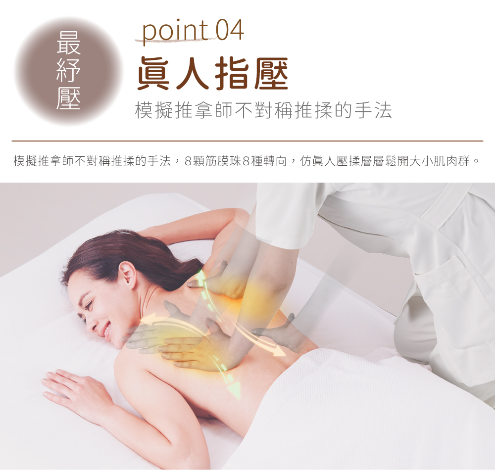 point 04眞人指壓模擬推拿師不對稱推揉的手法模擬推拿師不對稱推揉的手法,8筋膜珠8種轉向,仿眞人壓揉層層鬆開大小肌肉群。
