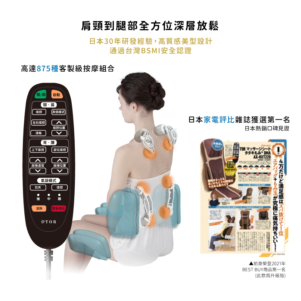肩頸到腿部全方深層放鬆日30年研發經驗,質感美型設計通過台灣BSMI安全認證高達875種客製級按摩組合開/關 自動頸、肩揉捏高個模式左右揉捏揉捏位置輪背、腰上下揉捏部位揉捏敲捶速度敲捶位置氣袋模式包夾揉捏 弱溫熱 緊急停止ww日本家電雜誌獲選第一名日本熱銷口碑見證本コレTOR 夕夕X-HXT220A位エアバッグもみ玉が究極に痛気持ちいい!▲前身榮登2021年BEST BUY商品第一名(此款升級版)