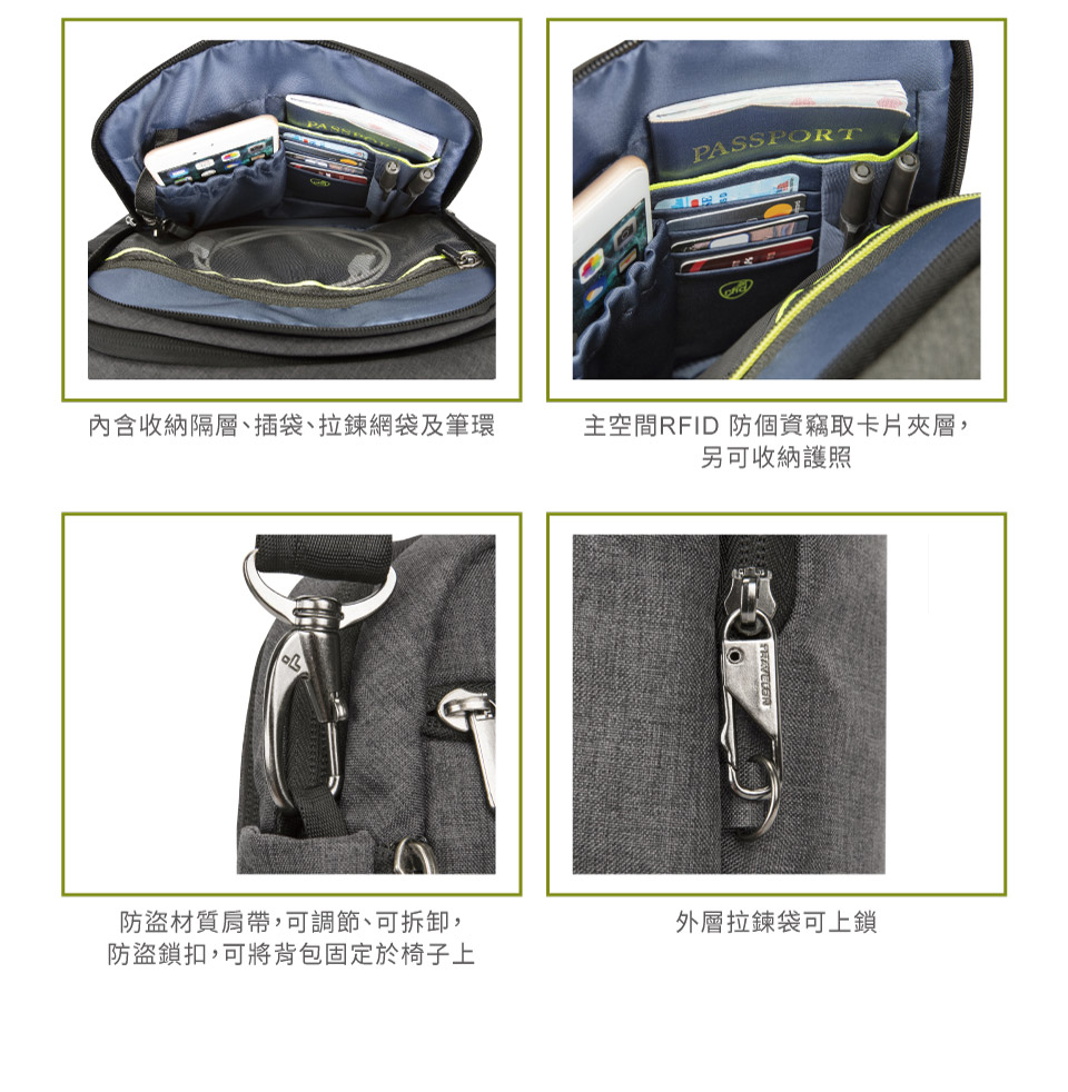 PASSPORT內含收納隔層、插袋、拉鍊網袋及筆環主空間RFID 防個資竊取卡片夾層,另可收納護照防盜材質肩帶,可調節、可拆卸,防盜鎖扣,可將背包固定於椅子上外層拉鍊袋可上鎖