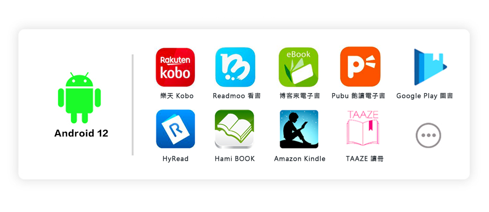 eBookRakutenkoboP樂天 KoboReadmoo博客電子書Pubu飽電子書Google PlayTAAZEAndroid 12RHyReadHami BOOKAmazon KindleTAAZE 讀冊