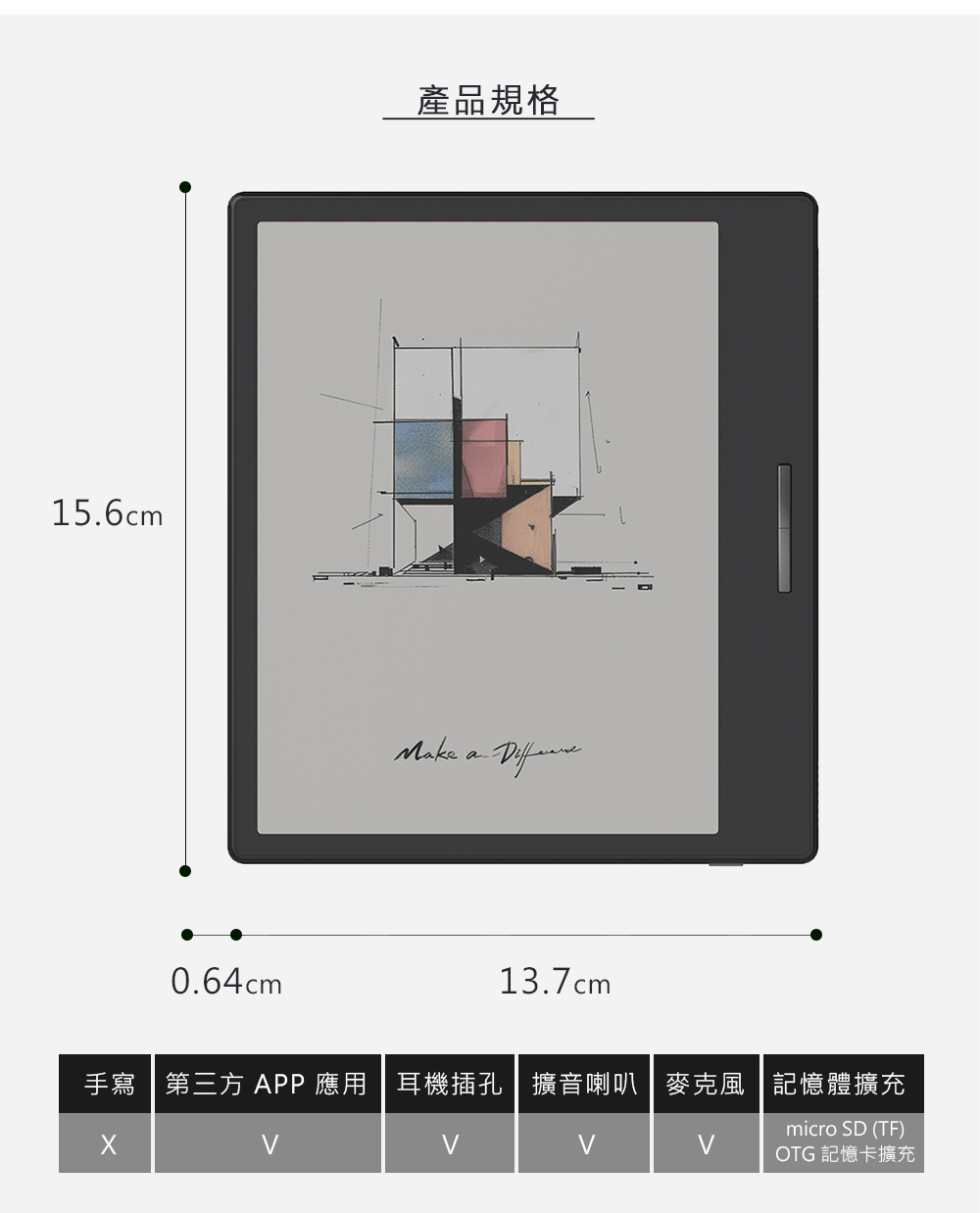 15.6cm0.64cm產品規格Mke a 13.7cm手寫第三方APP應用 耳機插孔擴音喇叭 麥克風 記憶體擴充micro SD (TF)OTG 記憶卡擴充