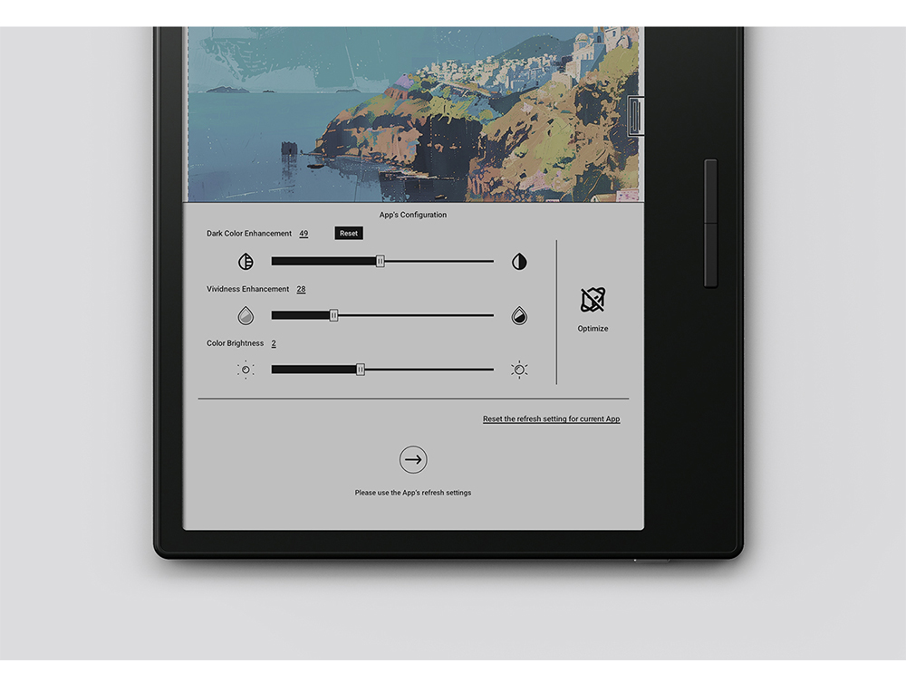 Dark Color Enhancement 49Vividness Enhancement 28Color Brightness 2Apps ConfigurationPlease use the Apps refresh settingsOptimizeReset the refresh setting for current App