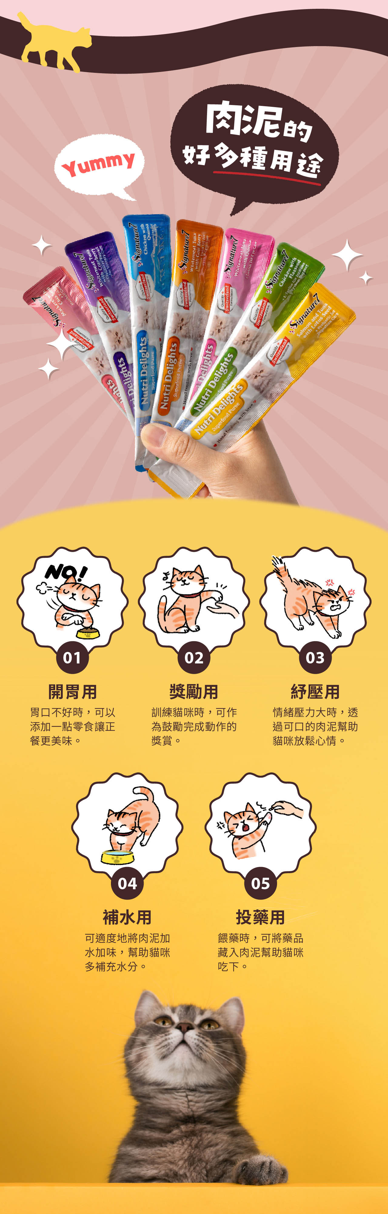 開胃用01 dYummy好多種用途肉泥的Swignature Chicken FlaxseedDelightsNutri Delights Nutri DelightsSuper Hand DelightsNutri DelightsSuperfood PureeNutri DelightsHand feeding with food PureeSwitzerlanSignatureSignatureeat hitemeatwith BerryWhitemeat with for 02獎勵用餐更美味。添加一點零食讓正胃口不好時,可以獎賞。為鼓勵完成動作的訓練貓咪時,可作04多補充水分。水加味,幫助貓咪可適度地將肉泥加補水用05吃下。藏入肉泥幫助貓咪餵藥時,可將藥品投藥用W03貓咪放鬆心情。過可口的肉泥幫助情緒壓力大時,透紓壓用SwitzerlaitzerlandSignature7