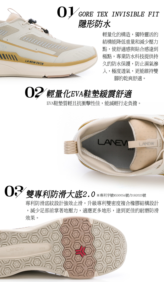 -TEXLA NEW TECH GORE TEX INVISIBLE FIT隱形防水輕量化的構造,獨特靈活的結構能降低重量和減少壓力點,使舒適感與貼合感達到極點,專業防水科技提供持久的防水保護,防止濕氣滲入,極度透氣,更能維持雙腳的乾爽舒適。02 輕量化EVA鞋墊緩震舒適EVA鞋墊質輕且抗衝擊性佳,能減輕行走負擔。LANEW03 雙專利防滑大底2.0※專利字號M530054號/D182023號專利防滑底紋設計強效止滑,升級專利雙密度複合橡膠結構設計,減少足部前掌著地壓力,適應更多地形,達到更佳的耐磨防滑效果。LANEW  SYSTEM