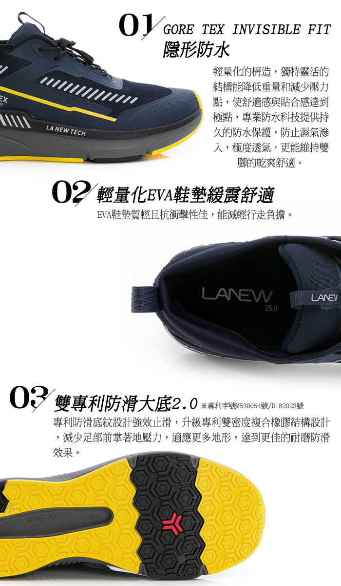 EXLA NEW TECH GORE TEX INVISIBLE FIT隱形防水輕量化的構造,獨特靈活的結構能降低重量和減少壓力點,使舒適感與貼合感達到極點,專業防水科技提供持久的防水保護,防止濕氣滲入,極度透氣,更能維持雙腳的乾爽舒適。02 輕量化EVA鞋墊震舒適EVA鞋墊質輕且抗衝擊性佳,能減輕行走負擔。LANEW25.003 雙專利防滑大底2.0※專利字號M530054號/D182023號LANE專利防滑底紋設計強效止滑,升級專利雙密度複合橡膠結構設計,減少足部前掌著地壓力,適應更多地形,達到更佳的耐磨防滑效果。LANEW