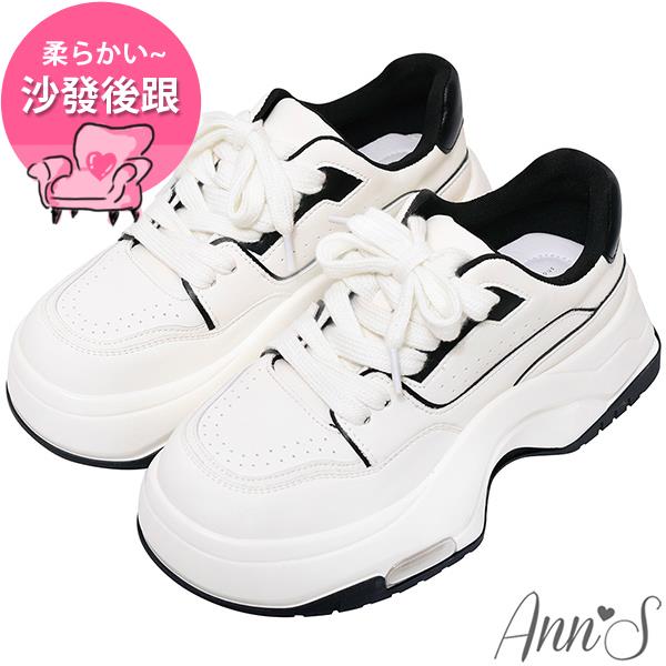 🍎任一雙現折$618🍎Ann’S-高級黑白配色真皮牛皮厚底老爹鞋6cm-黑白
