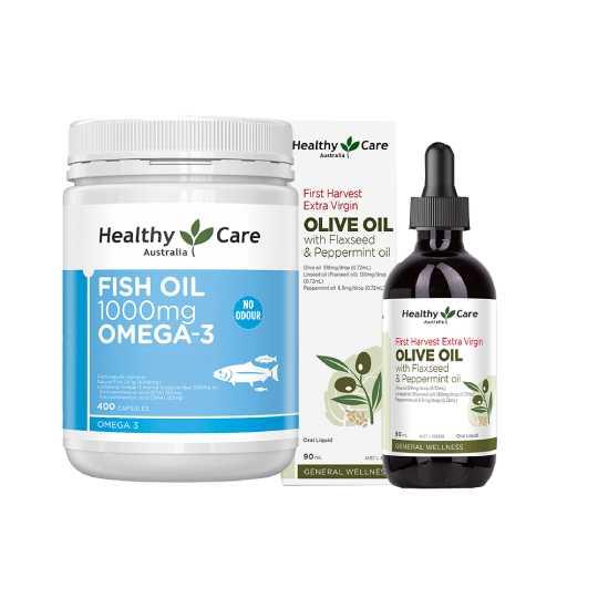 【Healthy Care】澳洲深海魚油 Omega-3 膠囊 (400顆)+澳洲橄欖油亞麻籽油和薄荷油滴劑 90ml