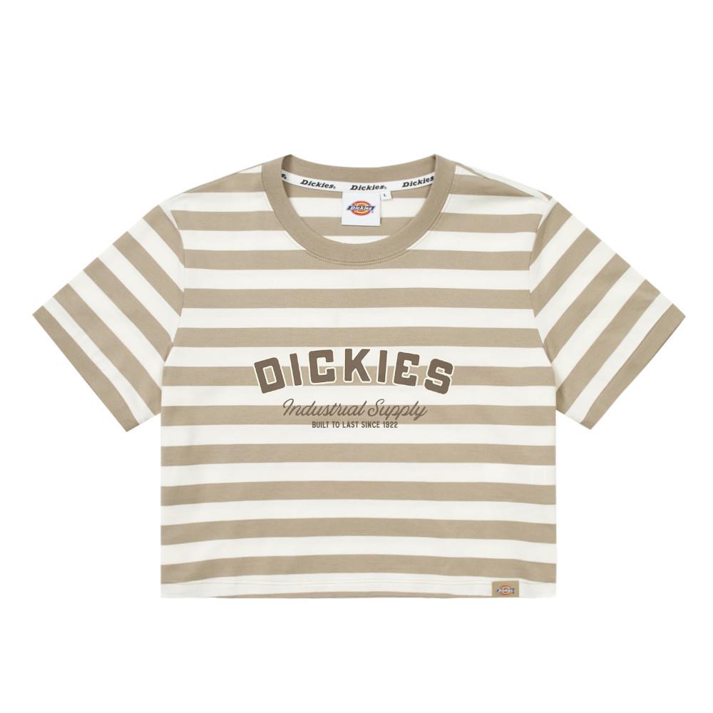 Dickies女款沙色條紋純棉胸前品牌Logo文字印花短袖T恤|DK0A87H6CH1