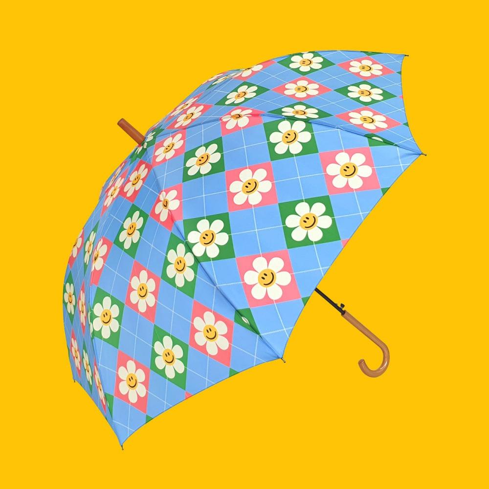 【blank.】Wiggle Wiggle 雨傘(木把手)-微笑小花(格紋)