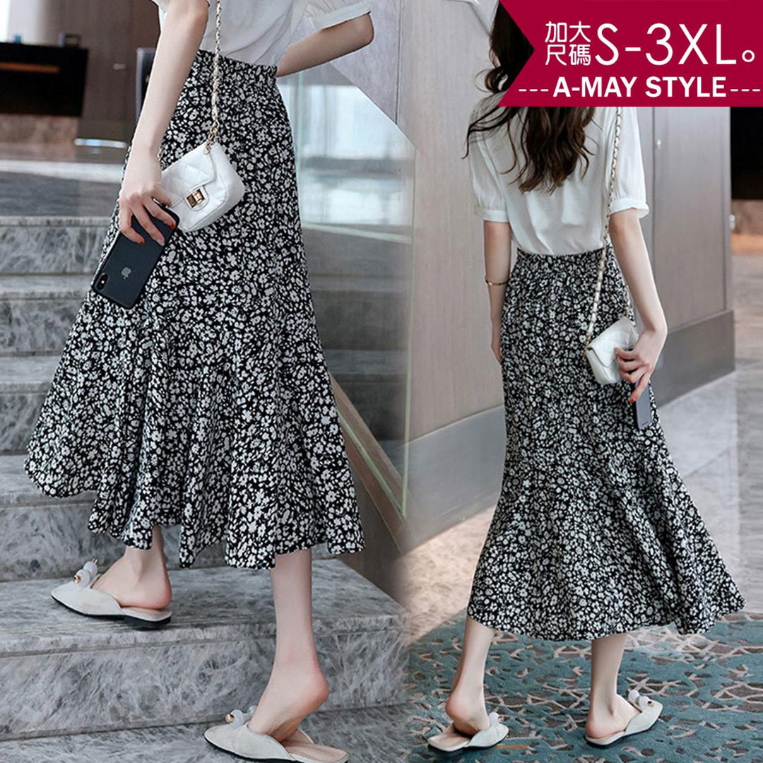 加大碼裙子 日韓優雅系碎花顯瘦雪紡中長裙(S-3XL)【XLL208022】＊艾美時尚(現 預)