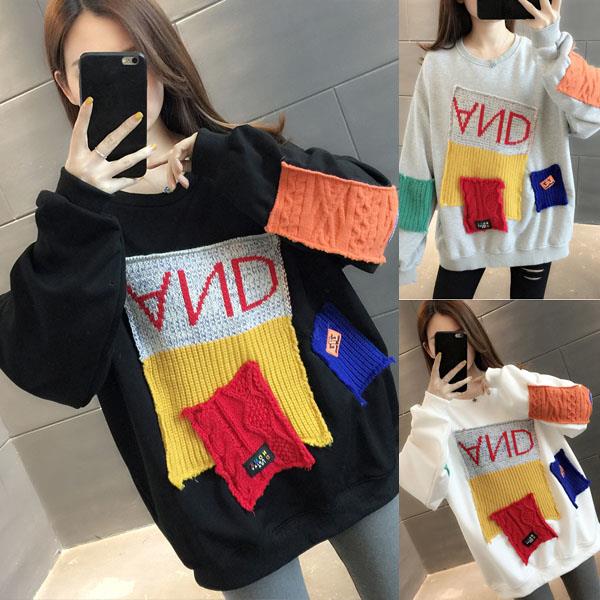 (中大尺碼)M~XL春秋款甜美可愛彩色毛衣貼布薄棉長袖大學T-shirt/上衣(3色選)-日秀衣韓館