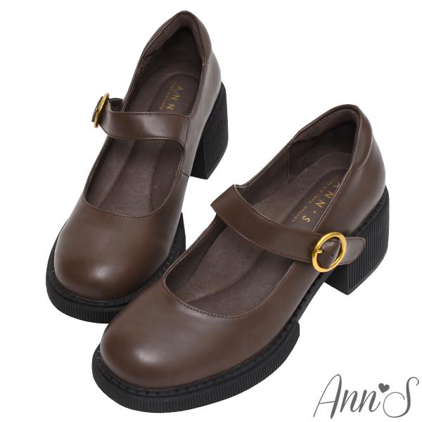 Ann’S小眾變大眾-復古皮革厚底粗跟瑪莉珍樂福鞋6cm-咖