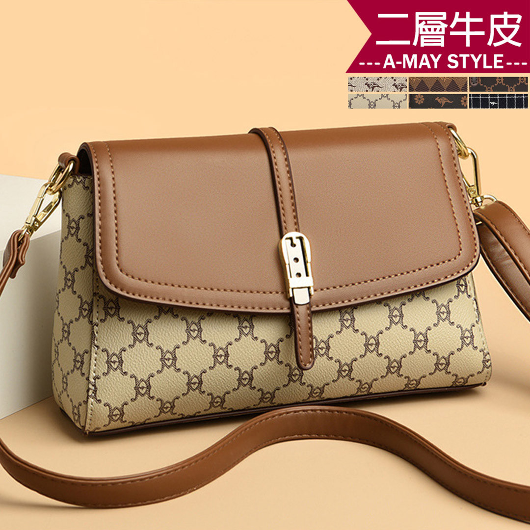 女真皮包  斜背包 百搭印花拼接翻蓋牛皮肩背小方包(6色)【XMF67816959】＊艾美時尚(現 預)