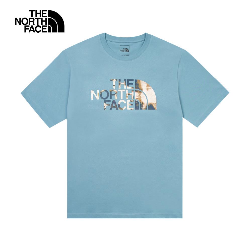 The North Face北面男女款藍色純棉大尺寸迷彩LOGO印花短袖T恤｜8AT61OM