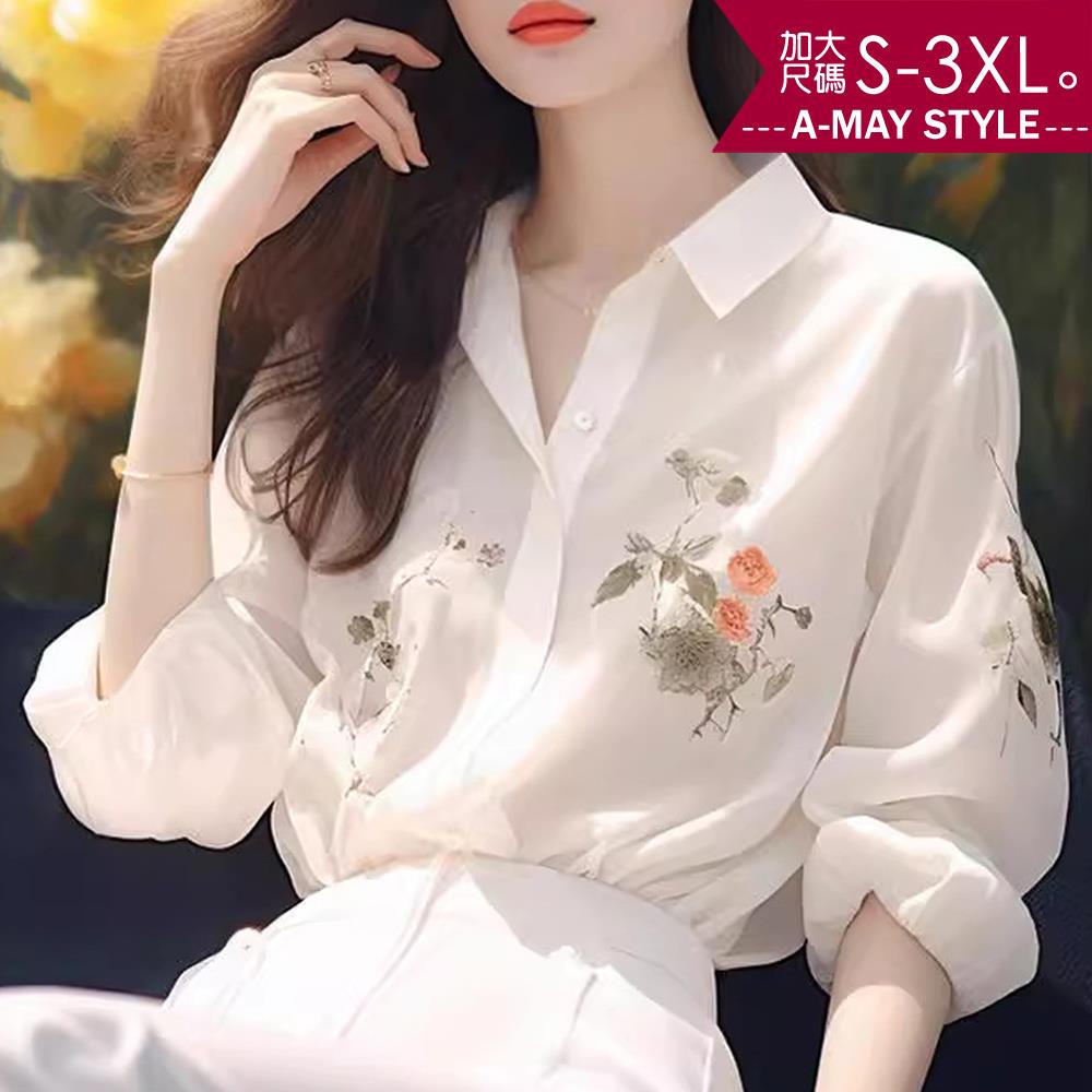 加大碼上衣 防曬衫 古典美優雅印花仙女感雪紡襯衫(S-3XL)【XTG24SF45】＊艾美時尚(現+預)