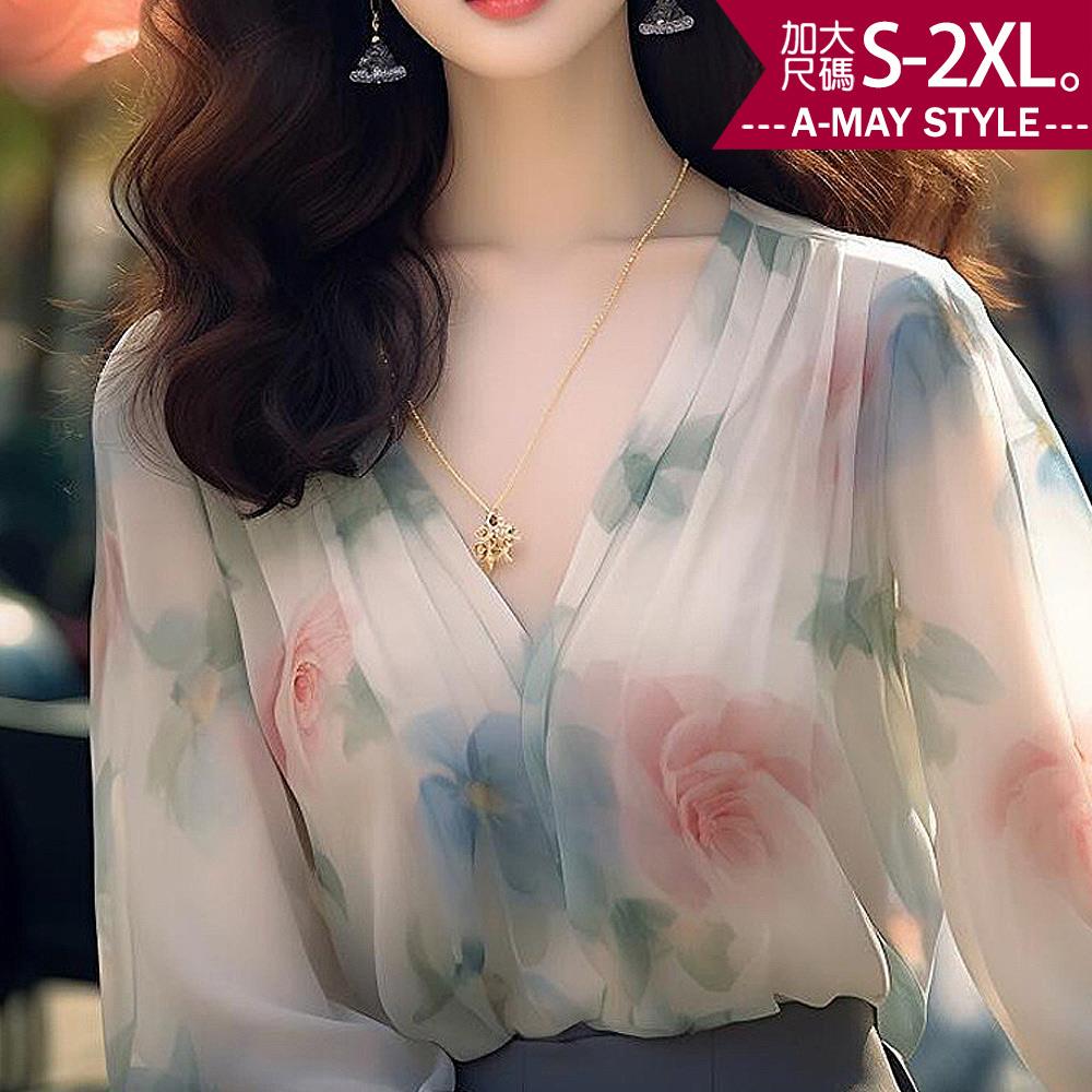 加大碼上衣 法式浪漫優雅花卉V領顯瘦襯衫(S-2XL)【XWN819540】＊艾美時尚(現+預)