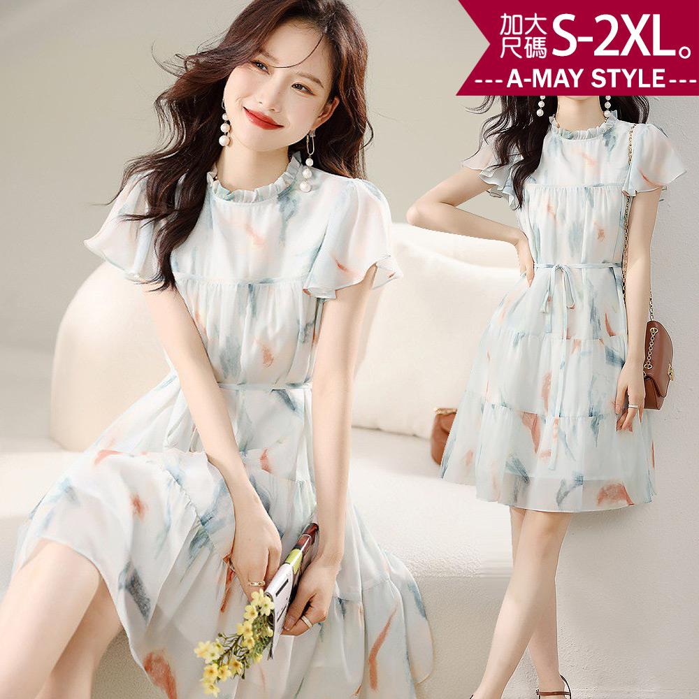 加大碼 連身裙 氣質花邊領印花雪紡洋裝(S-2XL)【XWN70555】＊艾美時尚(現 預)