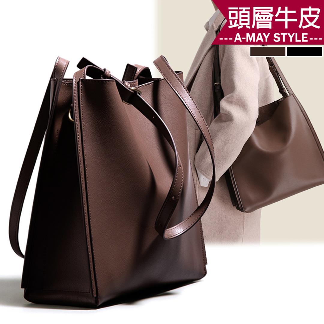 女真皮包 側肩包 斜背包 歐美簡約大容量時尚牛皮托特包(2色)【XBO9855113】＊艾美時尚(現 預)