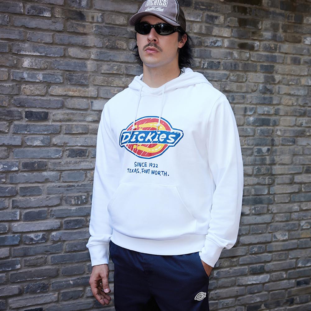 Dickies男款白色胸前大尺寸手繪感Logo印花連帽大學T|DK0A87DMC4D