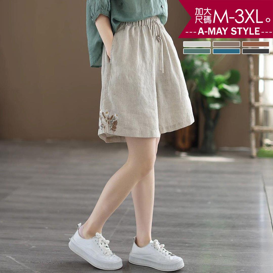 加大碼短褲 亞麻刺繡日系寬鬆休閒褲(M-3XL)【XIK23P23】*艾美時尚(預 現)